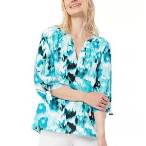 Jones New York Womens‎ Top Shirt MEDIUM Blue Linen Tie Sleeves Split Neck Blouse